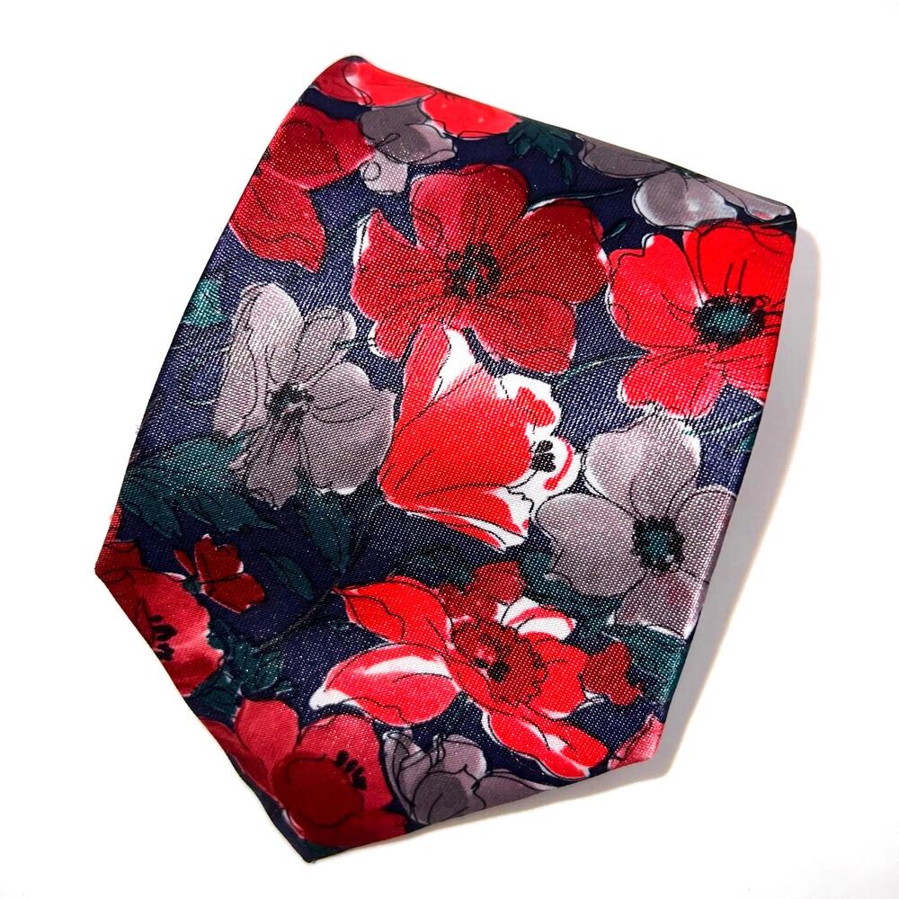 Ketch Metal Clip-on Necktie Red Blue Floral Print Tie - 17.5" Long x 3.5" Wide